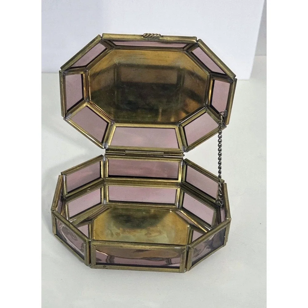 VIVA! Mexico Brass Trinket Box Hinged Purple Glass Panel Hexagonal Vintage Angel